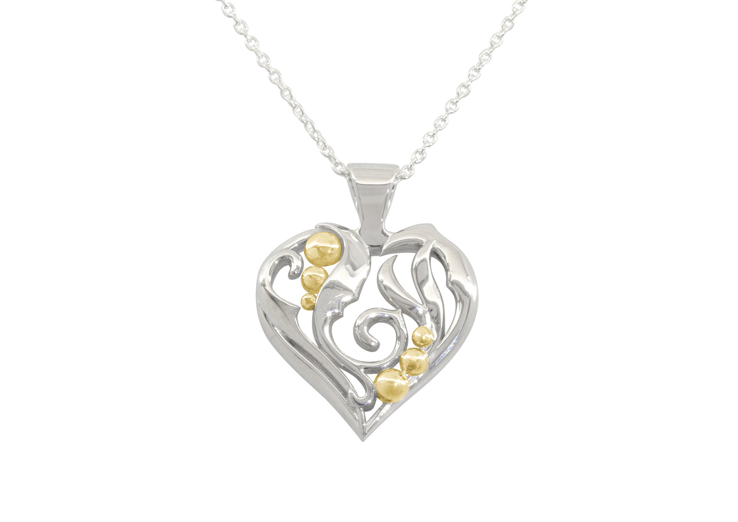 Elvish Heart Pendant, Sterling Silver with Yellow Gold Droplets