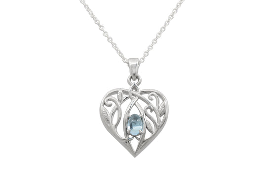 Elvish Gemstone Heart Pendant with Leaves, White Gold