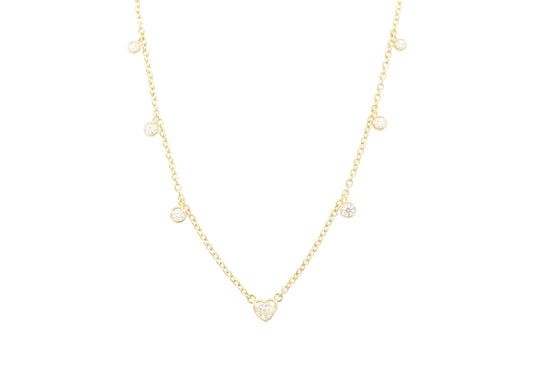 Station Necklace with Heart and Round Diamonds, 18ct Yellow Gold, J3070