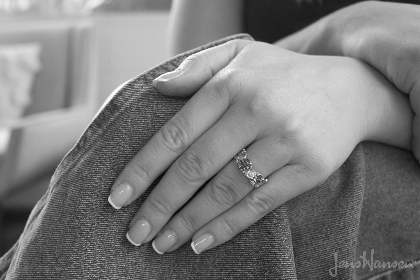 Three-Stone Diamond & Sapphire Elvish Vine Engagement Ring, White Gold & Platinum