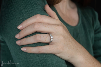 Three-Stone Round & Pear Diamond Elvish Vine Engagement Ring, White Gold & Platinum