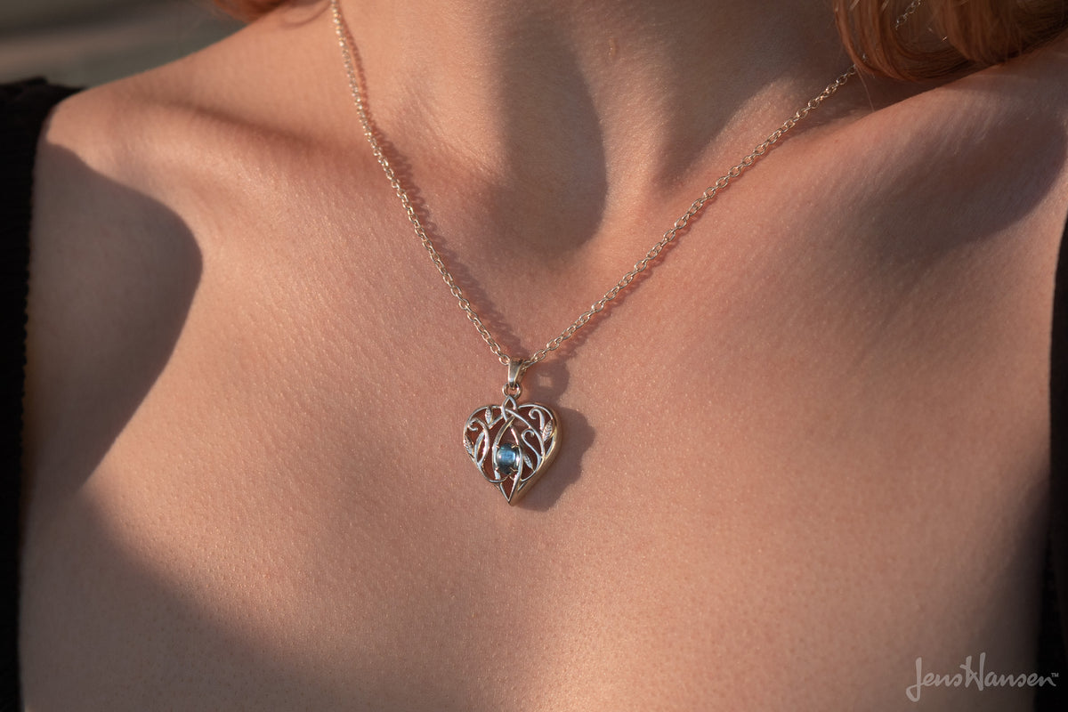 Elvish Gemstone Heart Pendant with Leaves, White Gold
