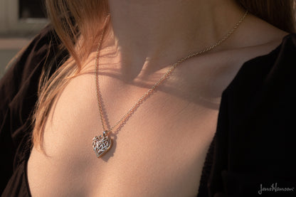 Elvish Heart Pendant, Sterling Silver with Red Gold Leaves