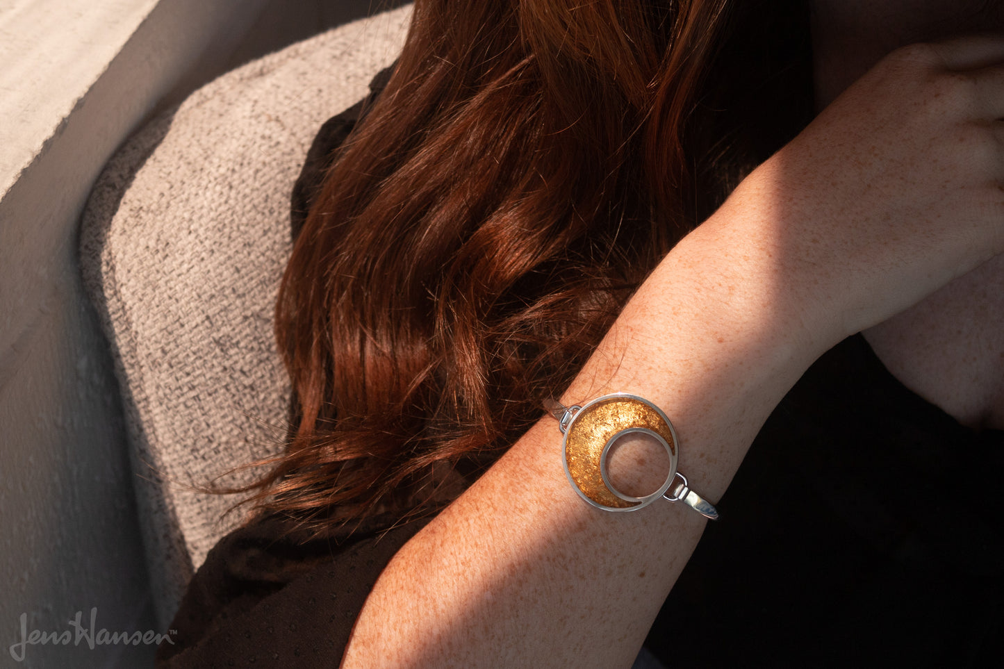 24ct Gold Leaf Crescent Moon Bangle, Sterling Silver