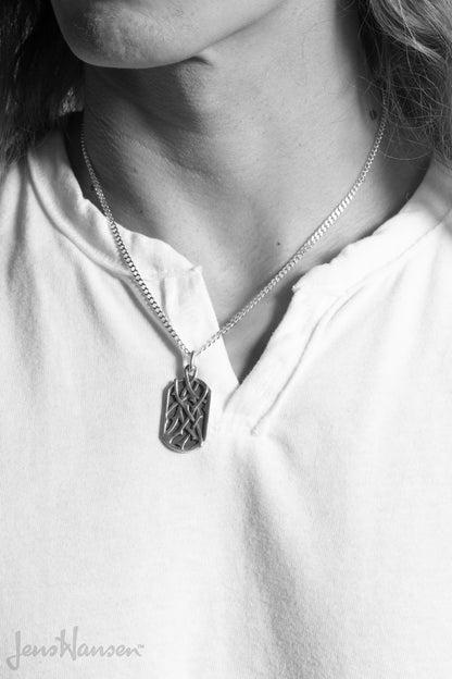 Elvish Woodland Dog Tag Pendant with Curb Chain, Sterling Silver