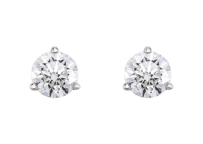 Three Prong Diamond Studs, White Gold & Platinum