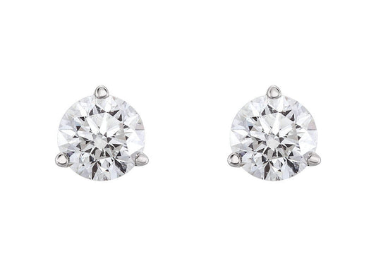 Three Prong Diamond Studs, White Gold & Platinum