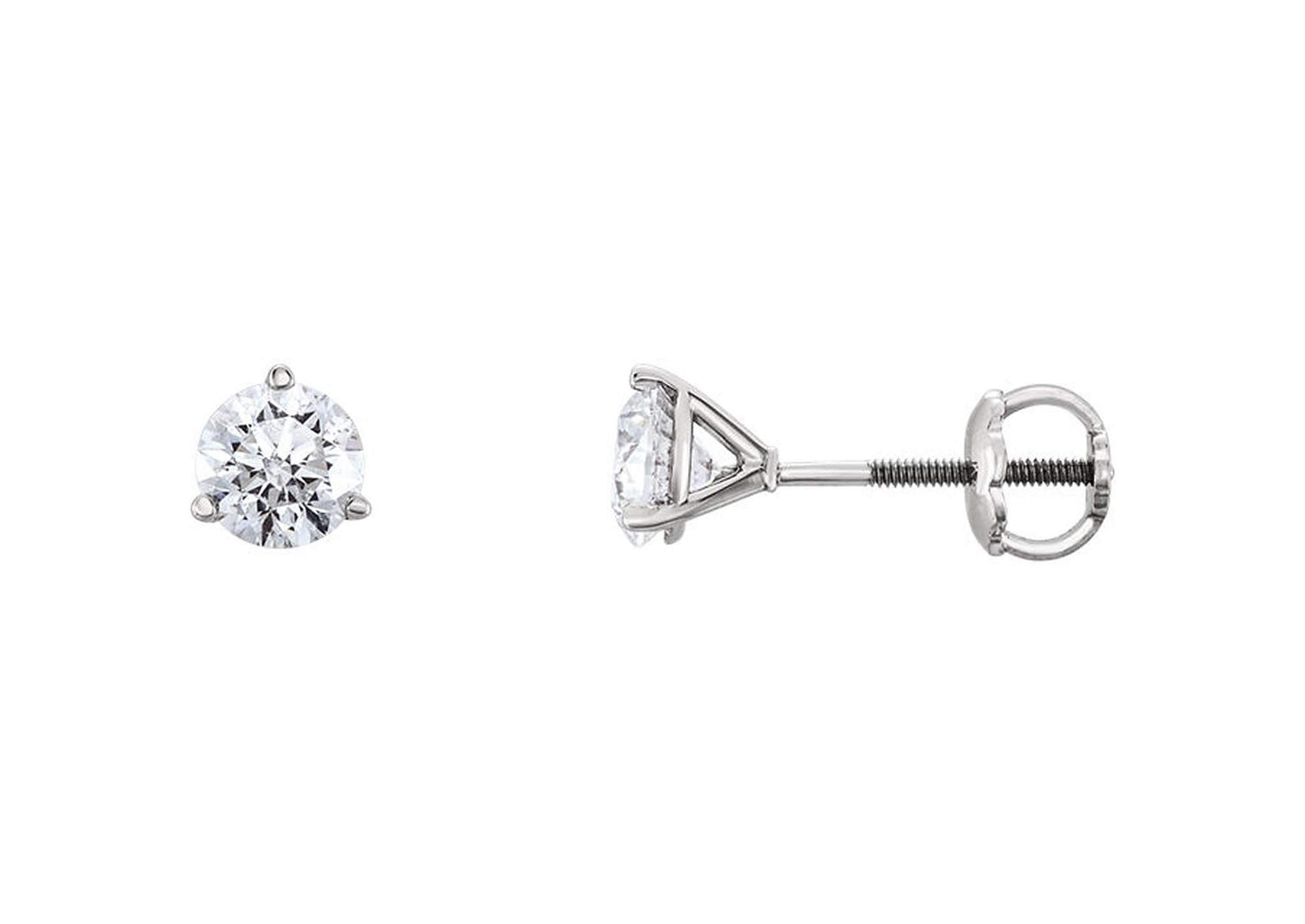 Three Prong Diamond Studs, White Gold & Platinum