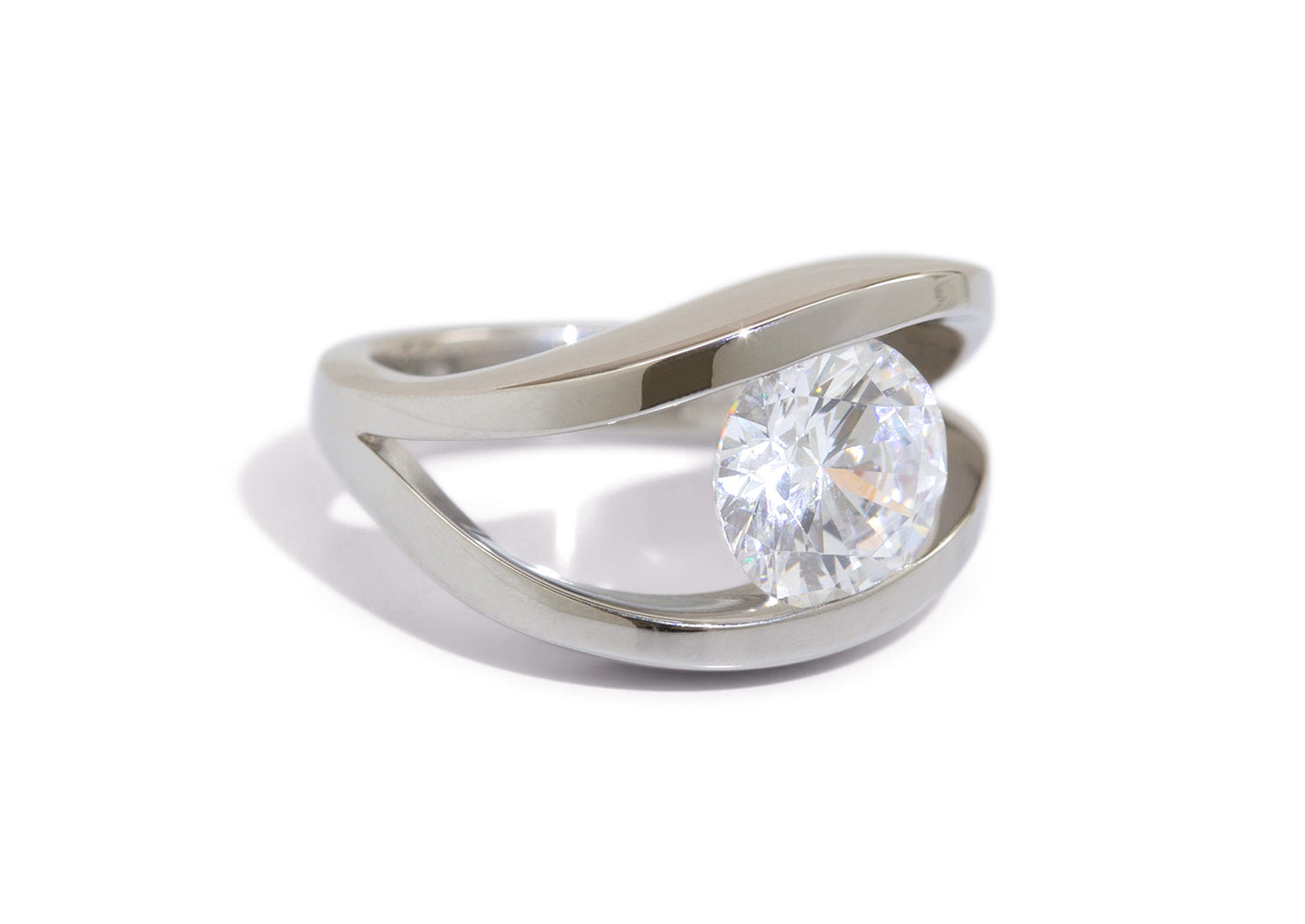 Custom Double Wave Tension Set Moissanite Ring, Platinum