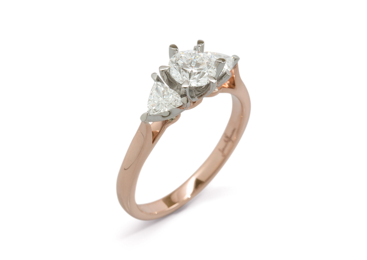 Custom Three Stone Diamond Engagement Ring, Red Gold & Platinum