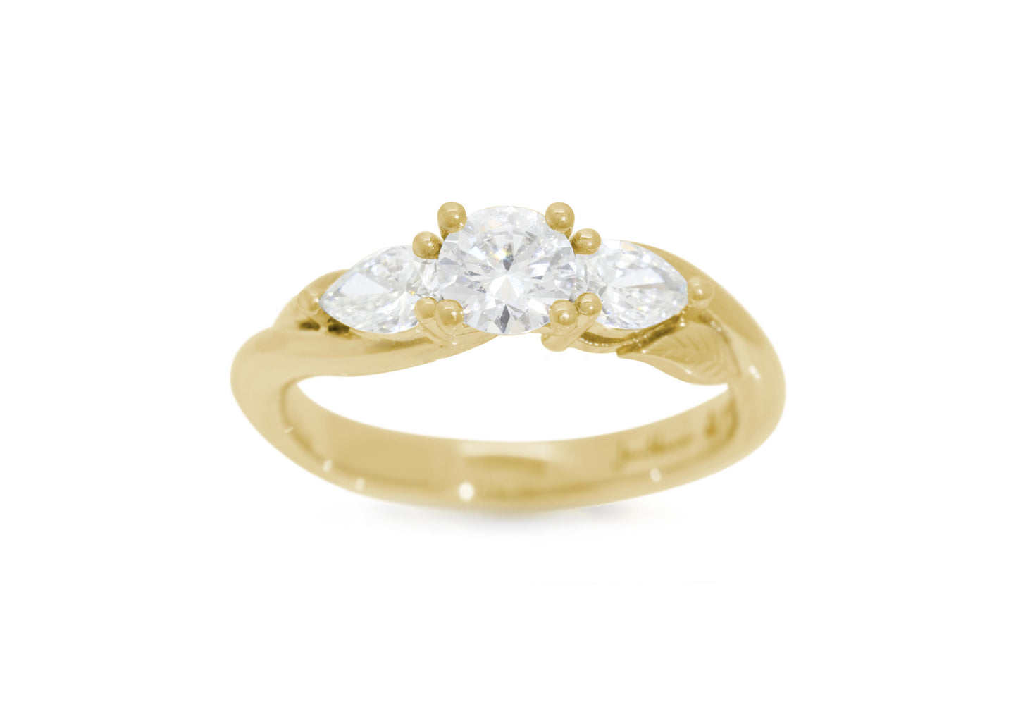 Three-Stone Round & Pear Diamond Elvish Vine Engagement Ring, Yellow Gold