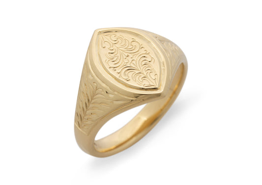 Navette Hand Engraved Signet Ring, Yellow Gold