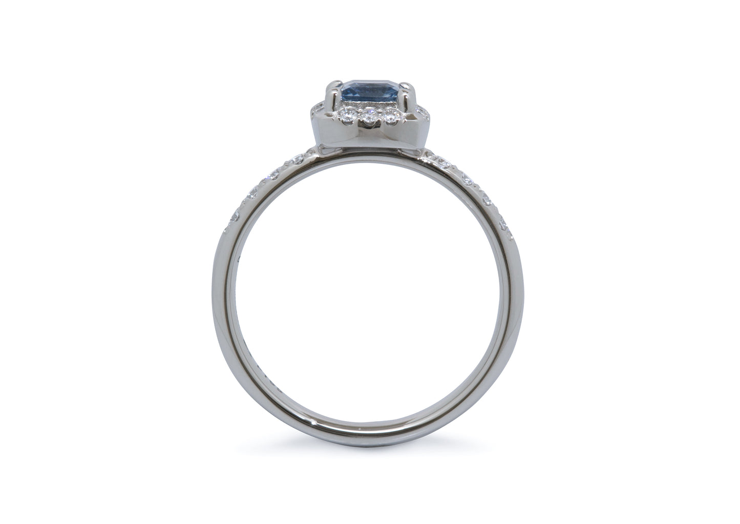 Custom Princess Sapphire & Diamond Halo Ring, Platinum