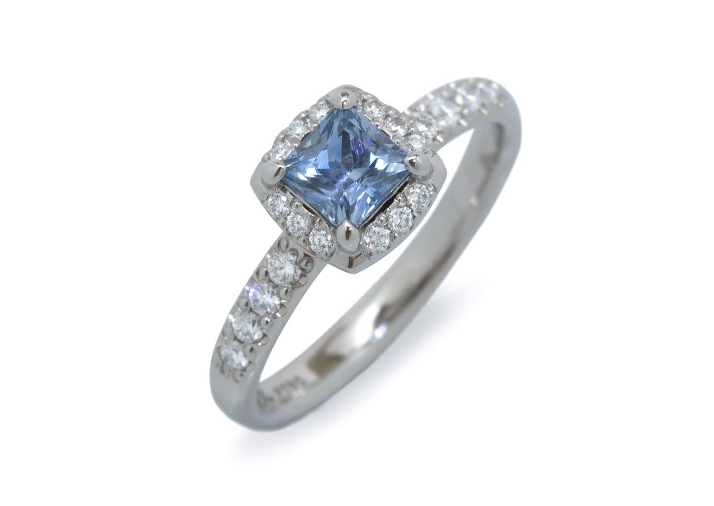 Custom Princess Sapphire & Diamond Halo Ring, Platinum