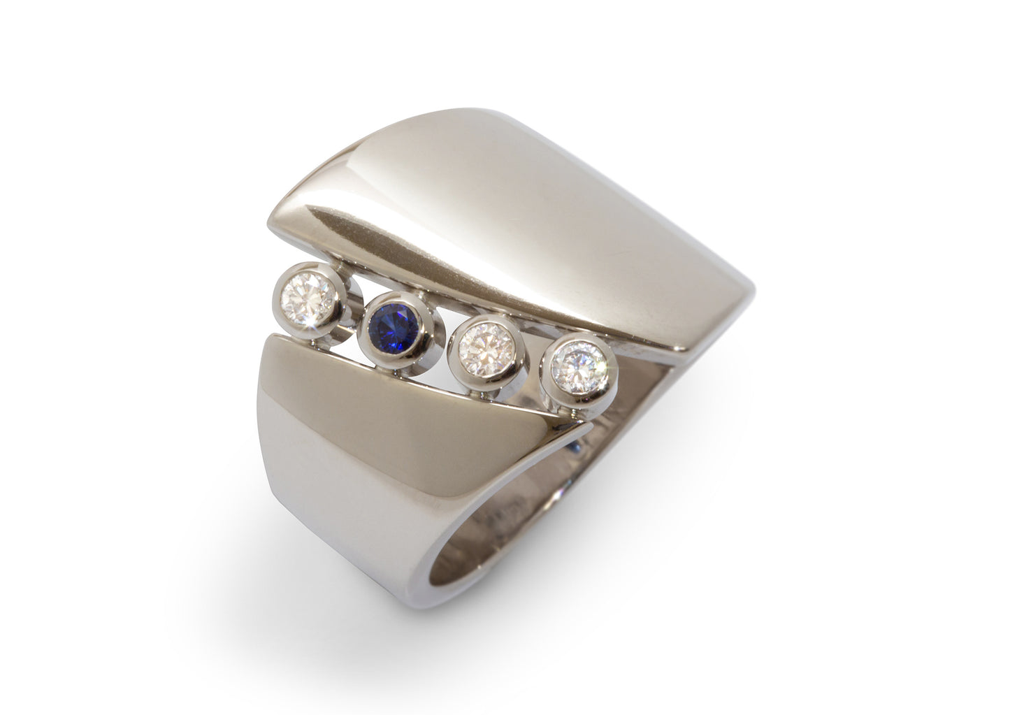 Custom Diamond & Sapphire Asymmetric Ring, Platinum