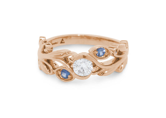 Three-Stone Diamond & Sapphire Elvish Vine Engagement Ring, Red Gold