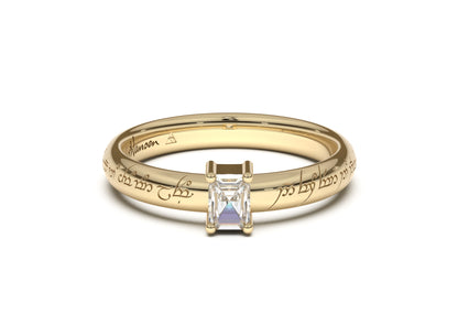 Emerald Cut Classic Slim Elvish Engagement Ring, Yellow Gold