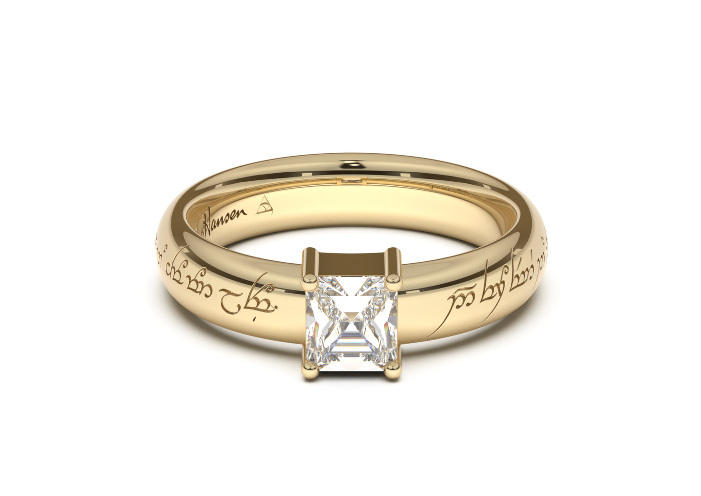 Emerald Cut Classic Elvish Engagement Ring, Yellow Gold