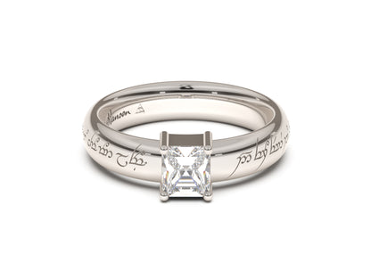 Emerald Cut Classic Elvish Engagement Ring, White Gold & Platinum