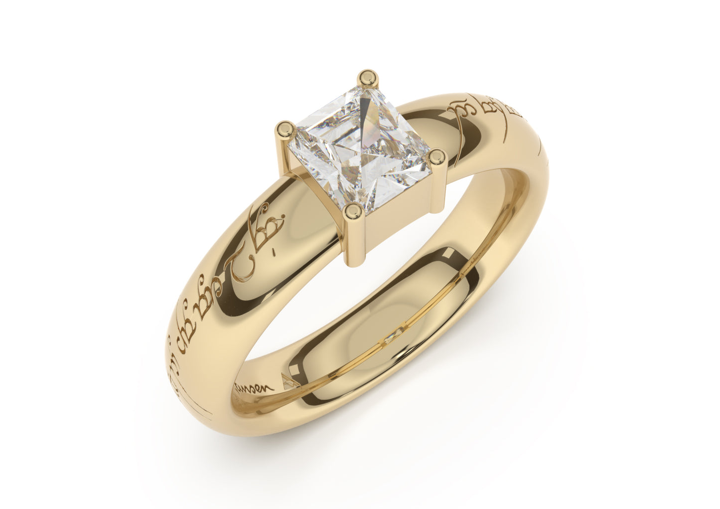 Emerald Cut Classic Elvish Engagement Ring, Yellow Gold