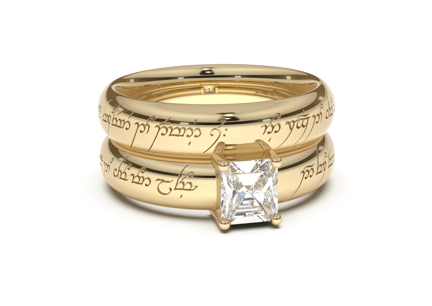 Emerald Cut Classic Elvish Engagement Ring, Yellow Gold