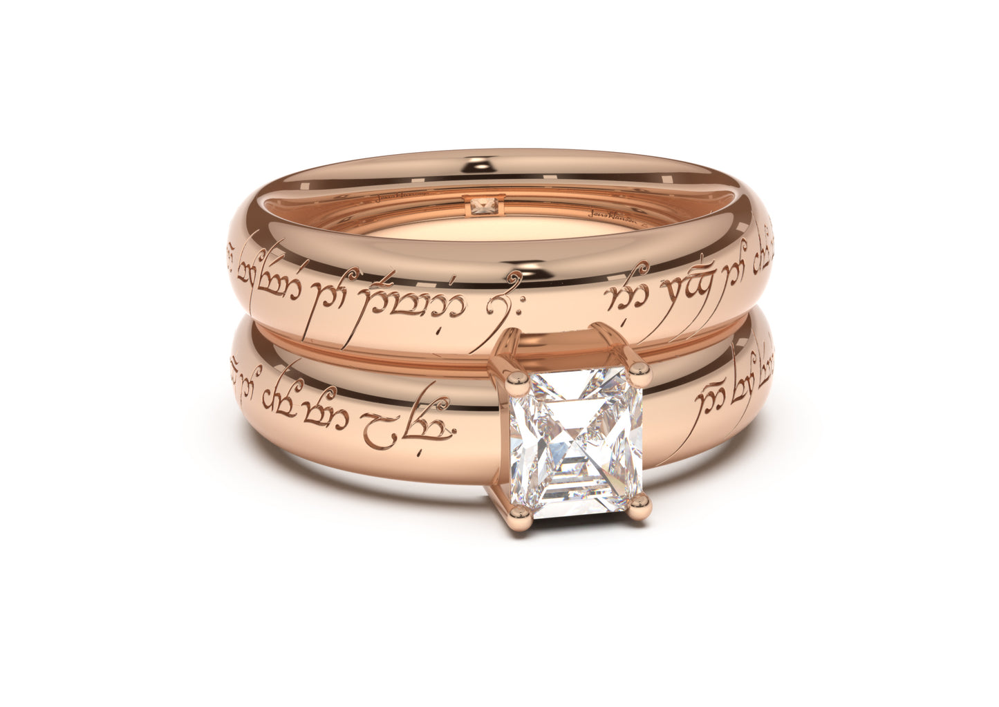 Emerald Cut Classic Elvish Engagement Ring, Red Gold