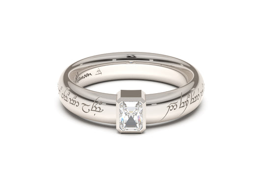 Emerald Cut Modern Elvish Engagement Ring, White Gold & Platinum