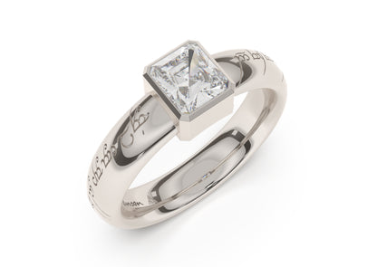 Emerald Cut Modern Elvish Engagement Ring, White Gold & Platinum