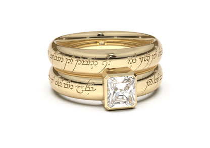 Emerald Cut Modern Elvish Engagement Ring, Yellow Gold