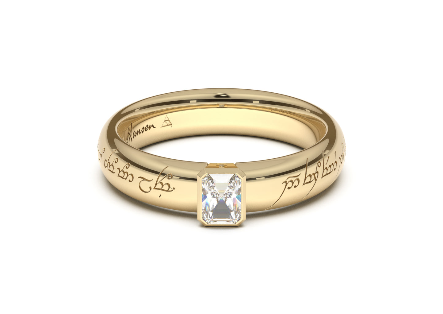 Emerald Cut Elegant Elvish Engagement Ring, Yellow Gold