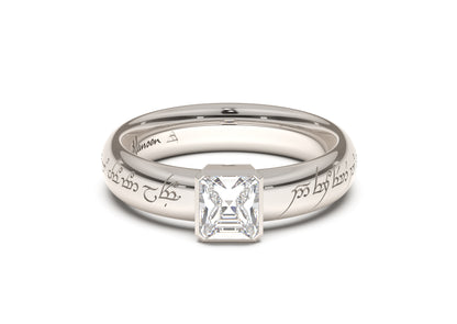 Emerald Cut Elegant Elvish Engagement Ring, White Gold & Platinum