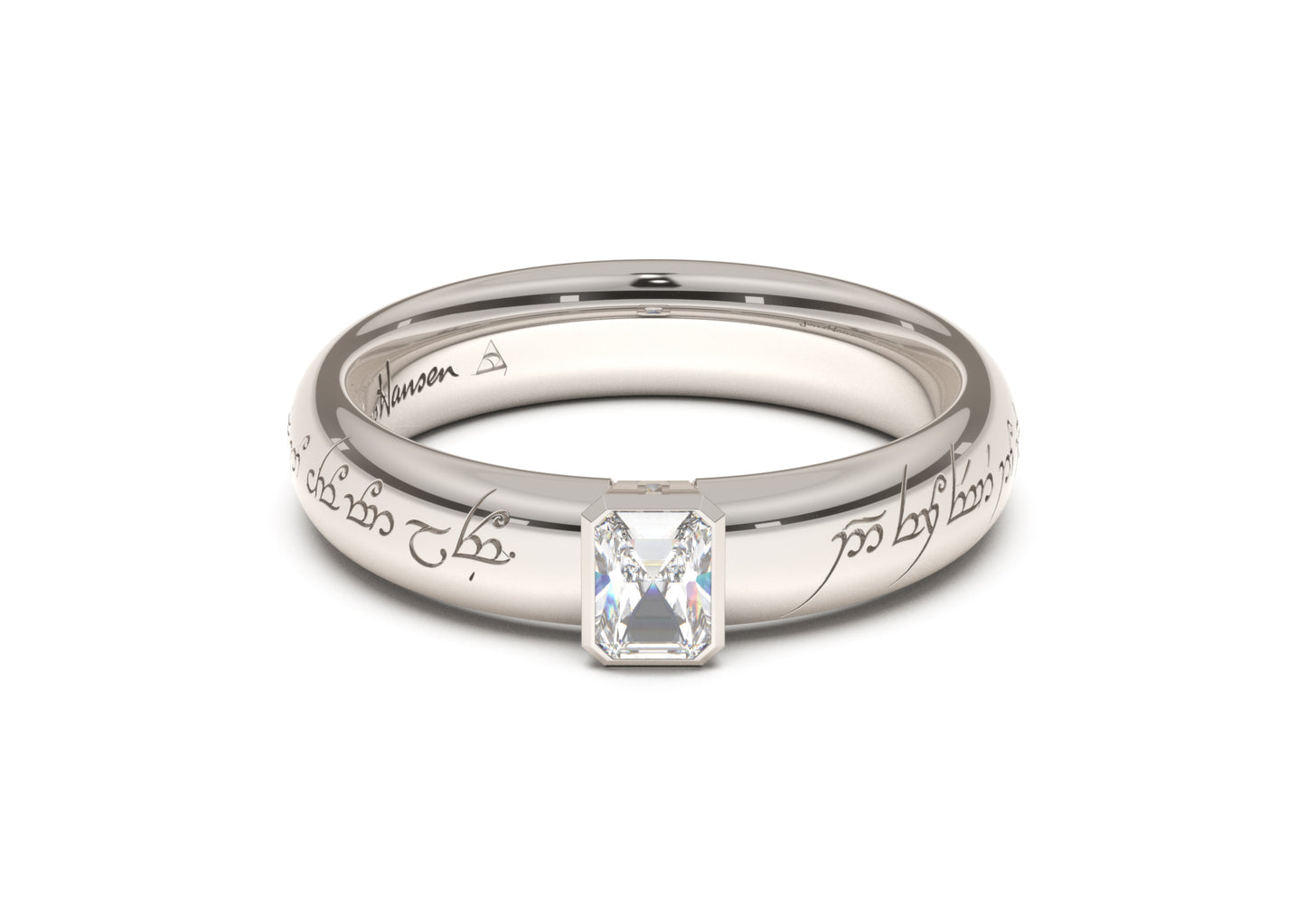 Emerald Cut Elegant Elvish Engagement Ring, White Gold & Platinum