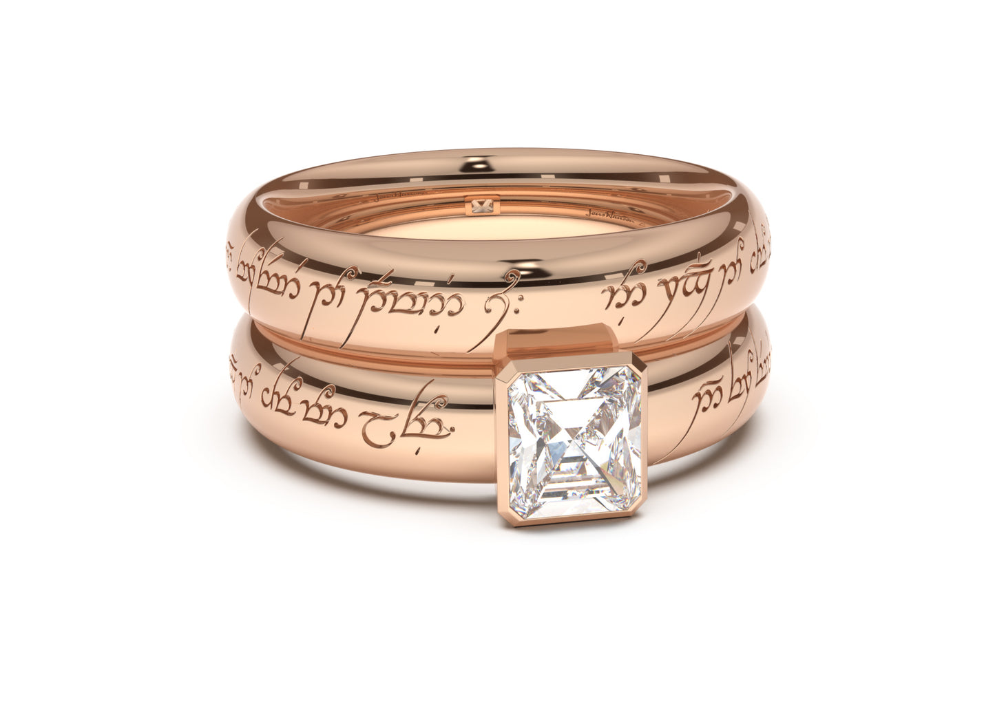 Emerald Cut Elegant Elvish Engagement Ring, Red Gold