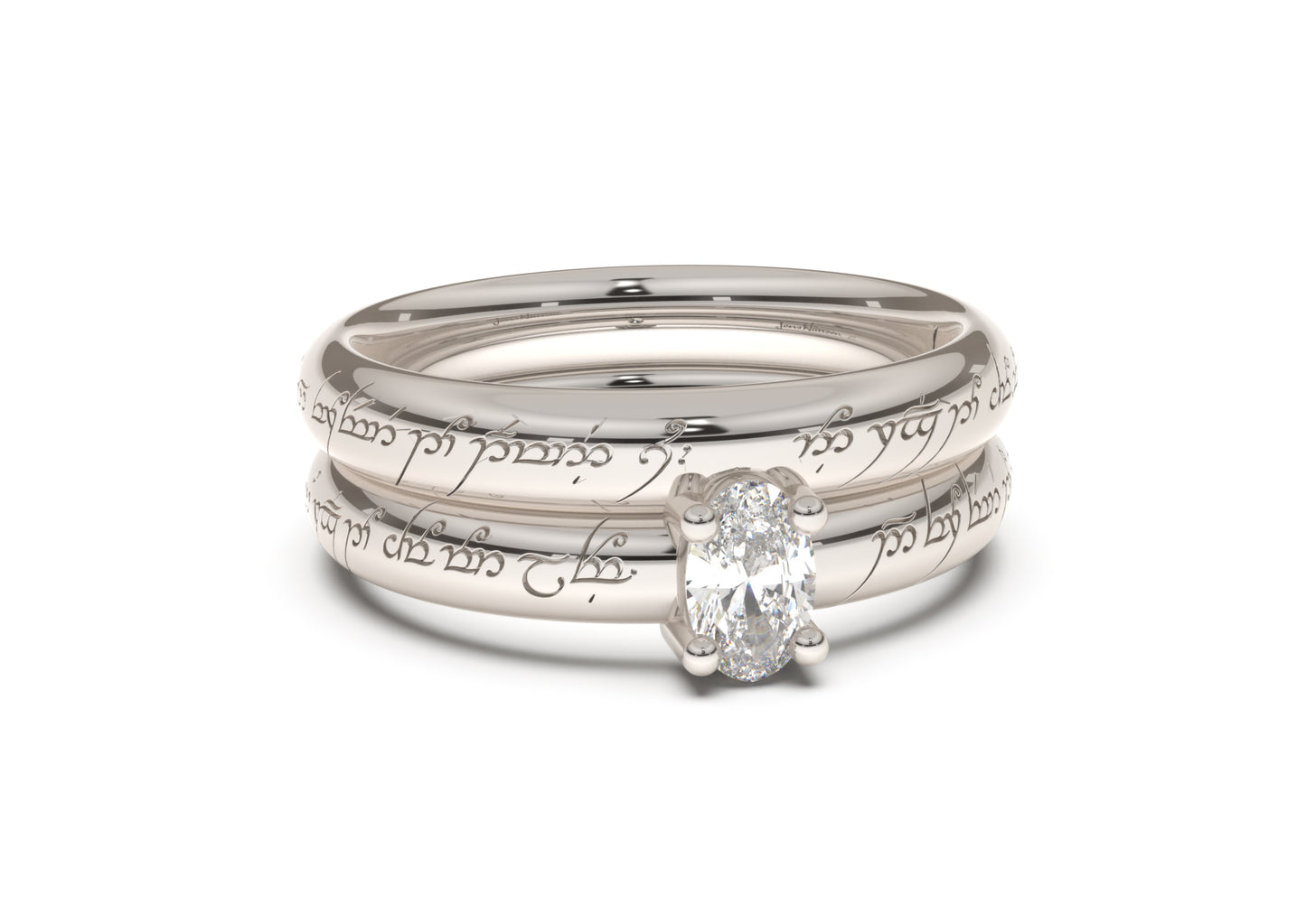 Oval Contemporary Slim Elvish Engagement Ring, White Gold & Platinum