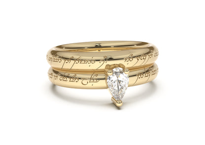 Pear Classic Slim Elvish Engagement Ring, Yellow Gold