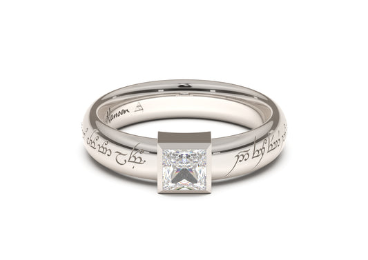 Princess Modern Elvish Engagement Ring, White Gold & Platinum