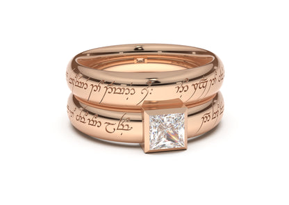 Princess Modern Elvish Engagement Ring, Red Gold